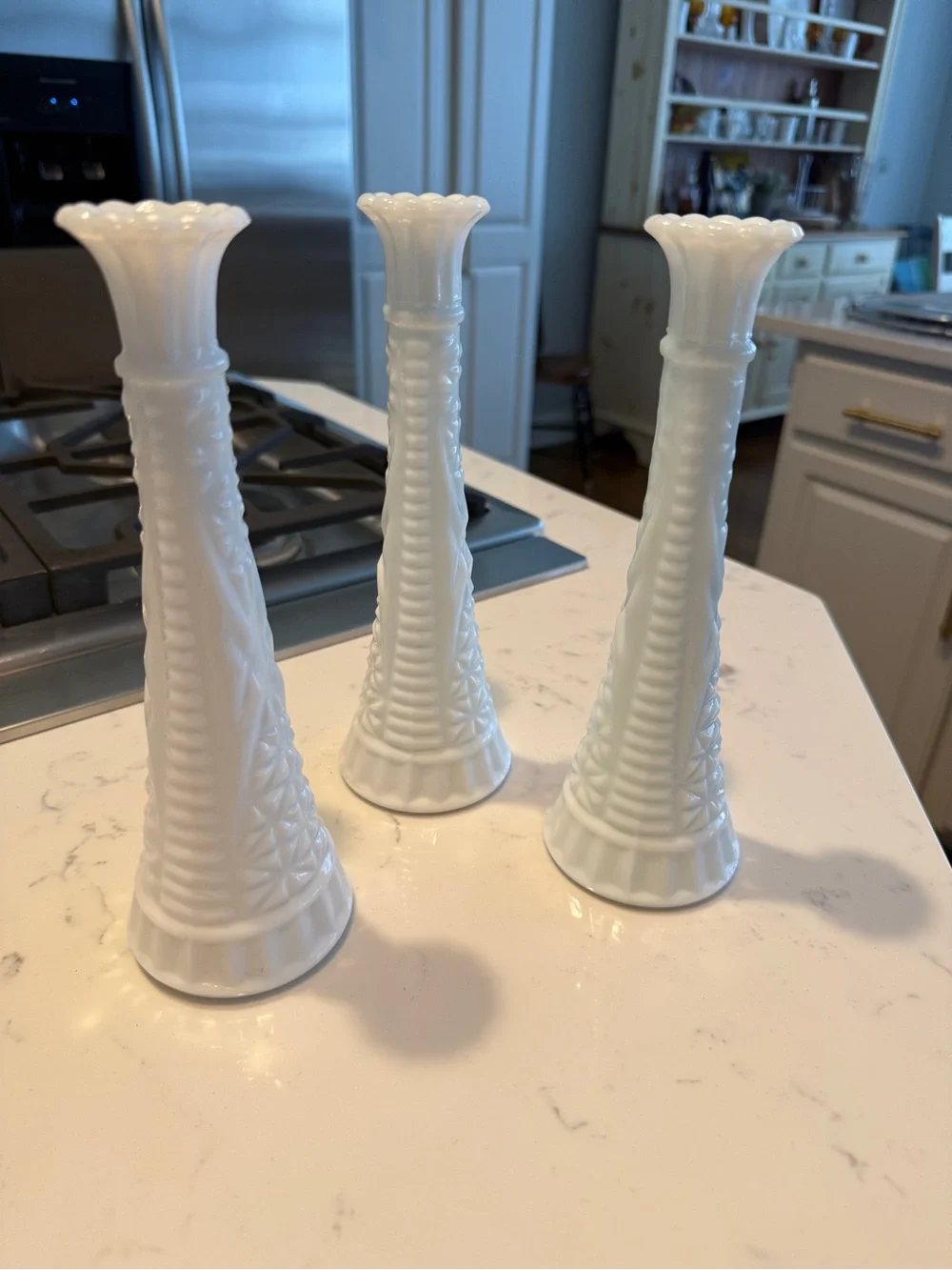 Vintage White Milk Glass Bud Vases Set of 3 Starburst Scalloped 9.5”